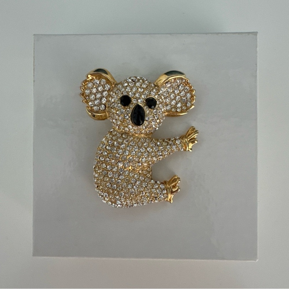 Vintage Koala Bear Pin Brooch Textured Clear Rhinestones Gold Tone Metal 2"